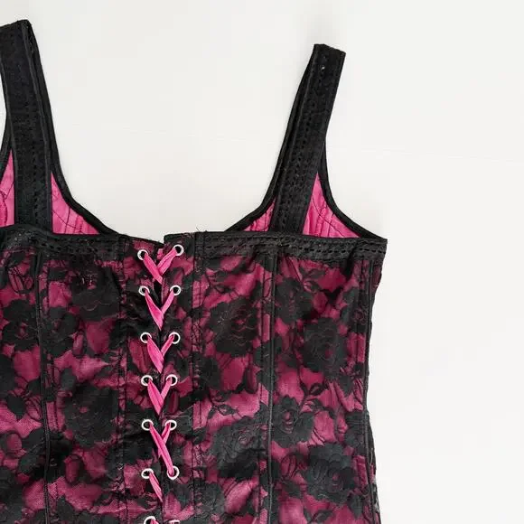 [Tripp NYC] Black Pink Y2K Floral Print Lace Hook & Eye Corset Top Size Large L - Picture 7 of 12